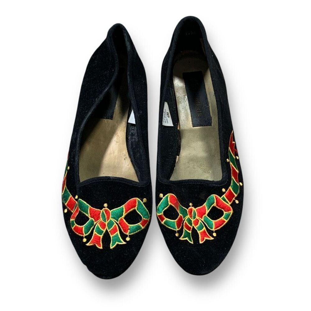 Vintage Haband Black Velvet Flats Festive Embroidered Red Green Gold Bow Size 6M